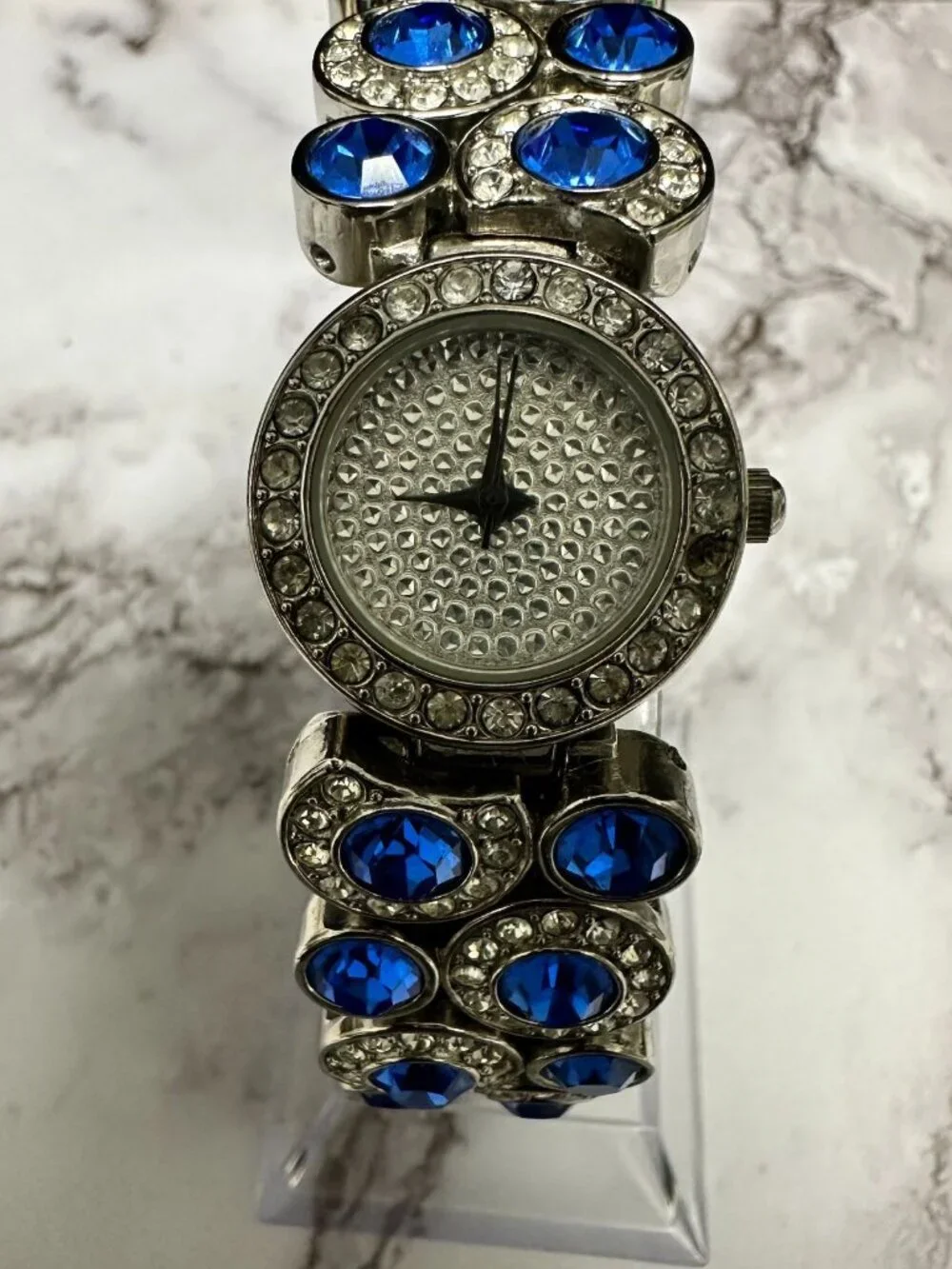 Suzanne Somers Watch Women Silver Tone Blue Rhinestone Bling Band New Battery